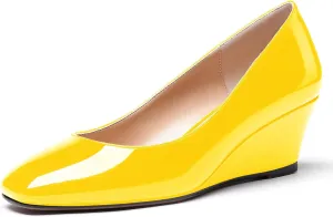 WAYDERNS Women's Slip On Patent Leather Square Toe Low Heel Wedge Pumps Shoes 2 Inch