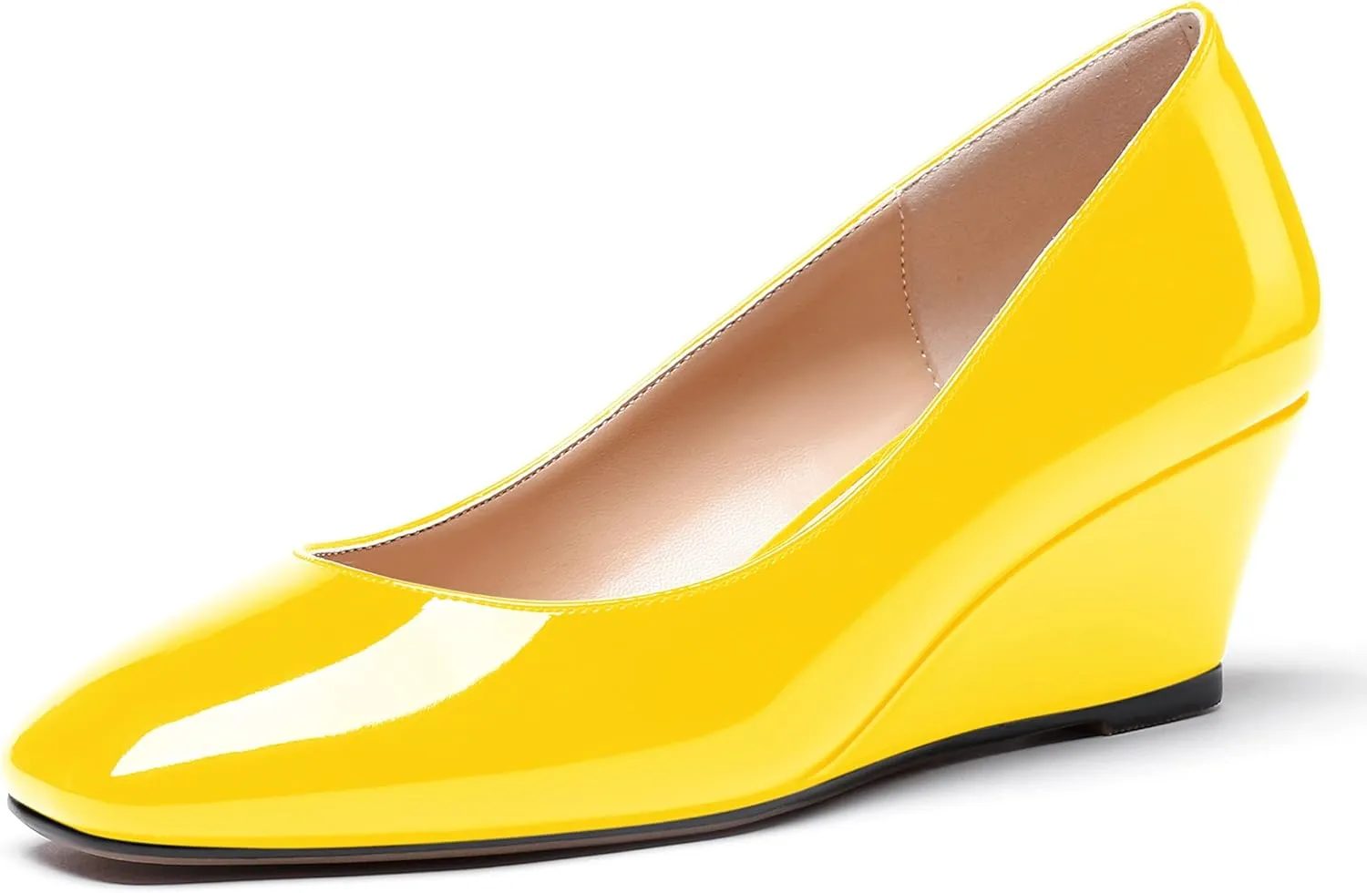 WAYDERNS Women's Slip On Patent Leather Square Toe Low Heel Wedge Pumps Shoes 2 Inch