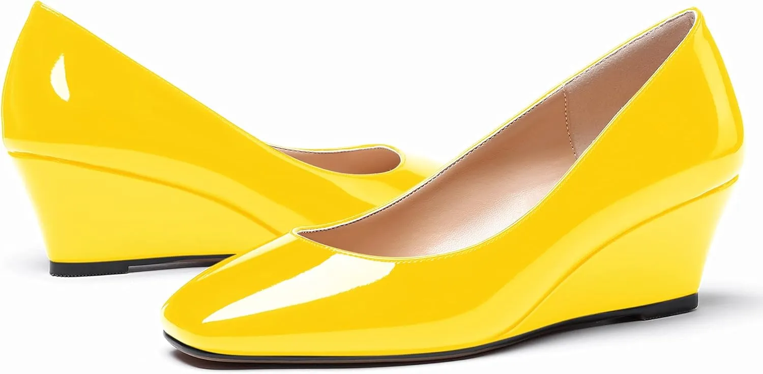WAYDERNS Women's Slip On Patent Leather Square Toe Low Heel Wedge Pumps Shoes 2 Inch