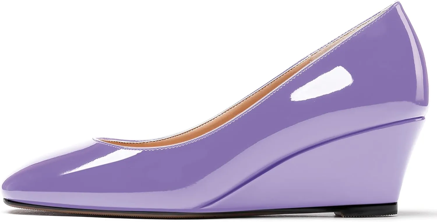 WAYDERNS Women's Slip On Patent Leather Square Toe Low Heel Wedge Pumps Shoes 2 Inch