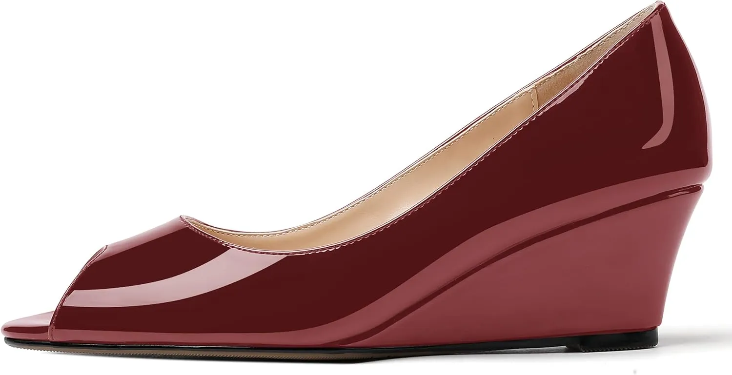 WAYDERNS Women's Slip On Peep Toe Patent Leather Wedge Low Heel Pumps Shoes 2 Inch