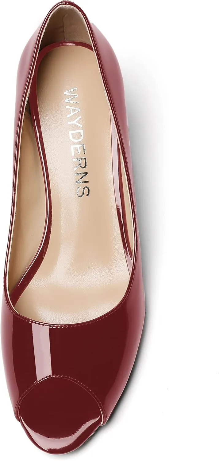 WAYDERNS Women's Slip On Peep Toe Patent Leather Wedge Low Heel Pumps Shoes 2 Inch