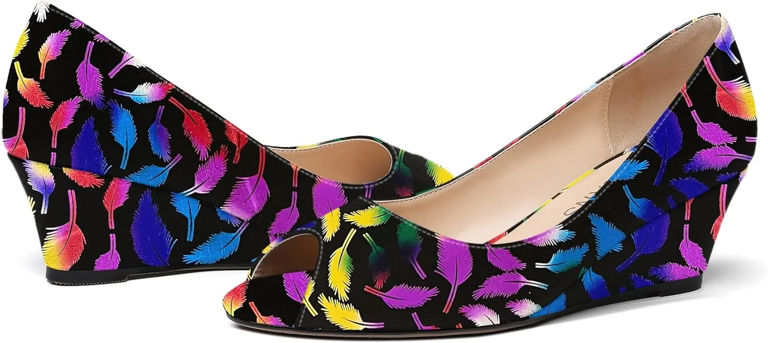WAYDERNS Women's Slip On Peep Toe Patent Leather Wedge Low Heel Pumps Shoes 2 Inch
