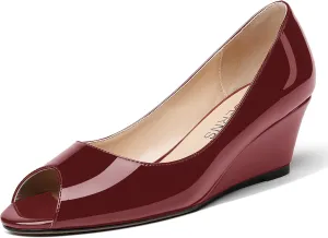 WAYDERNS Women's Slip On Peep Toe Patent Leather Wedge Low Heel Pumps Shoes 2 Inch