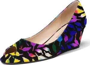 WAYDERNS Women's Slip On Peep Toe Patent Leather Wedge Low Heel Pumps Shoes 2 Inch