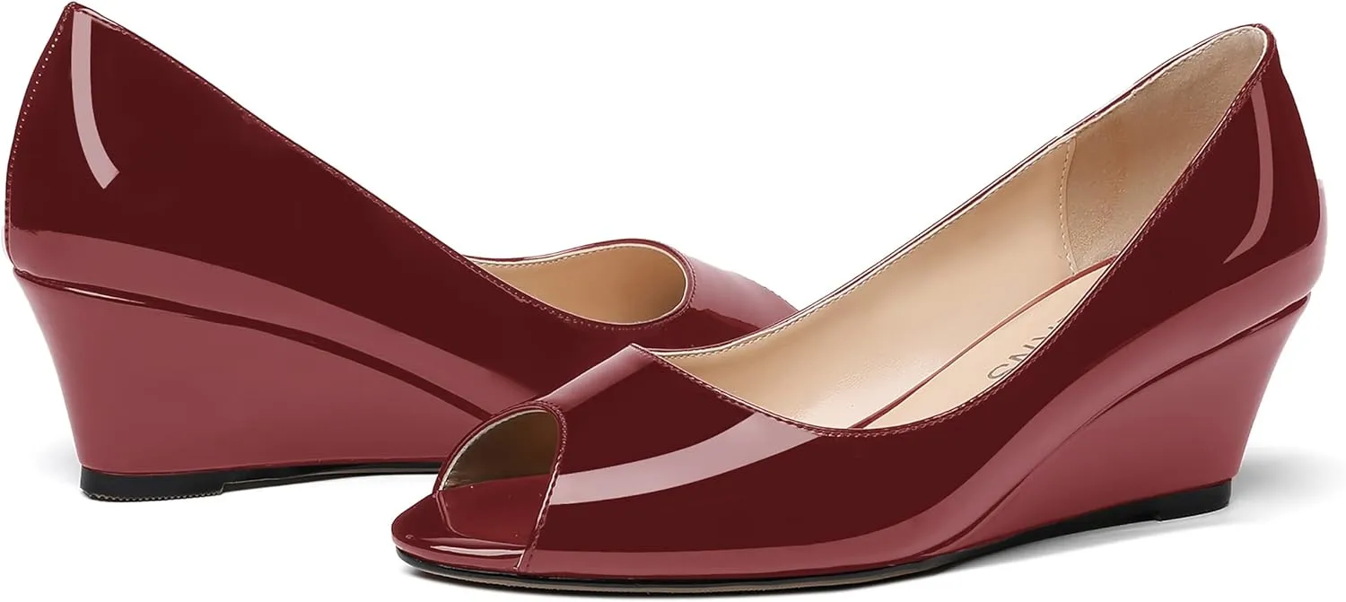 WAYDERNS Women's Slip On Peep Toe Patent Leather Wedge Low Heel Pumps Shoes 2 Inch