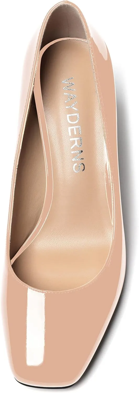 WAYDERNS Women's Slip On Solid Square Toe Patent Block High Heel Pumps Shoes 3 Inch