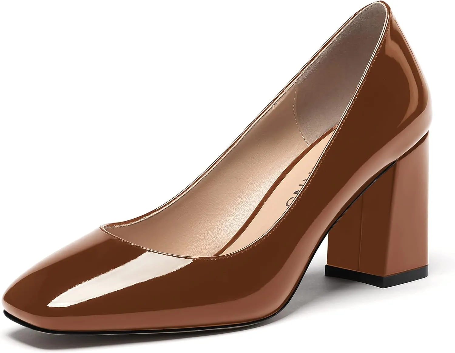 WAYDERNS Women's Slip On Solid Square Toe Patent Block High Heel Pumps Shoes 3 Inch