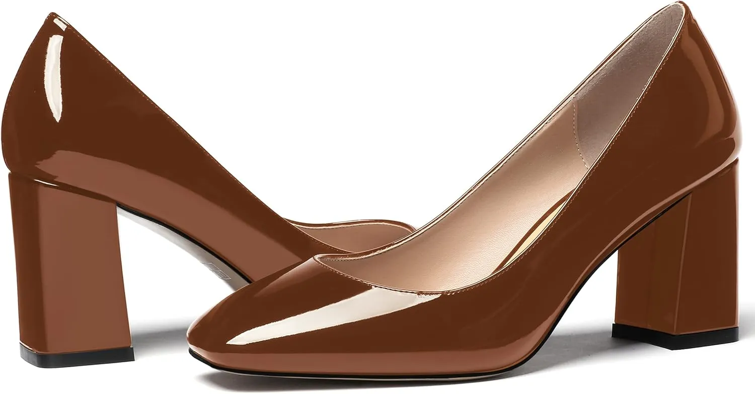 WAYDERNS Women's Slip On Solid Square Toe Patent Block High Heel Pumps Shoes 3 Inch