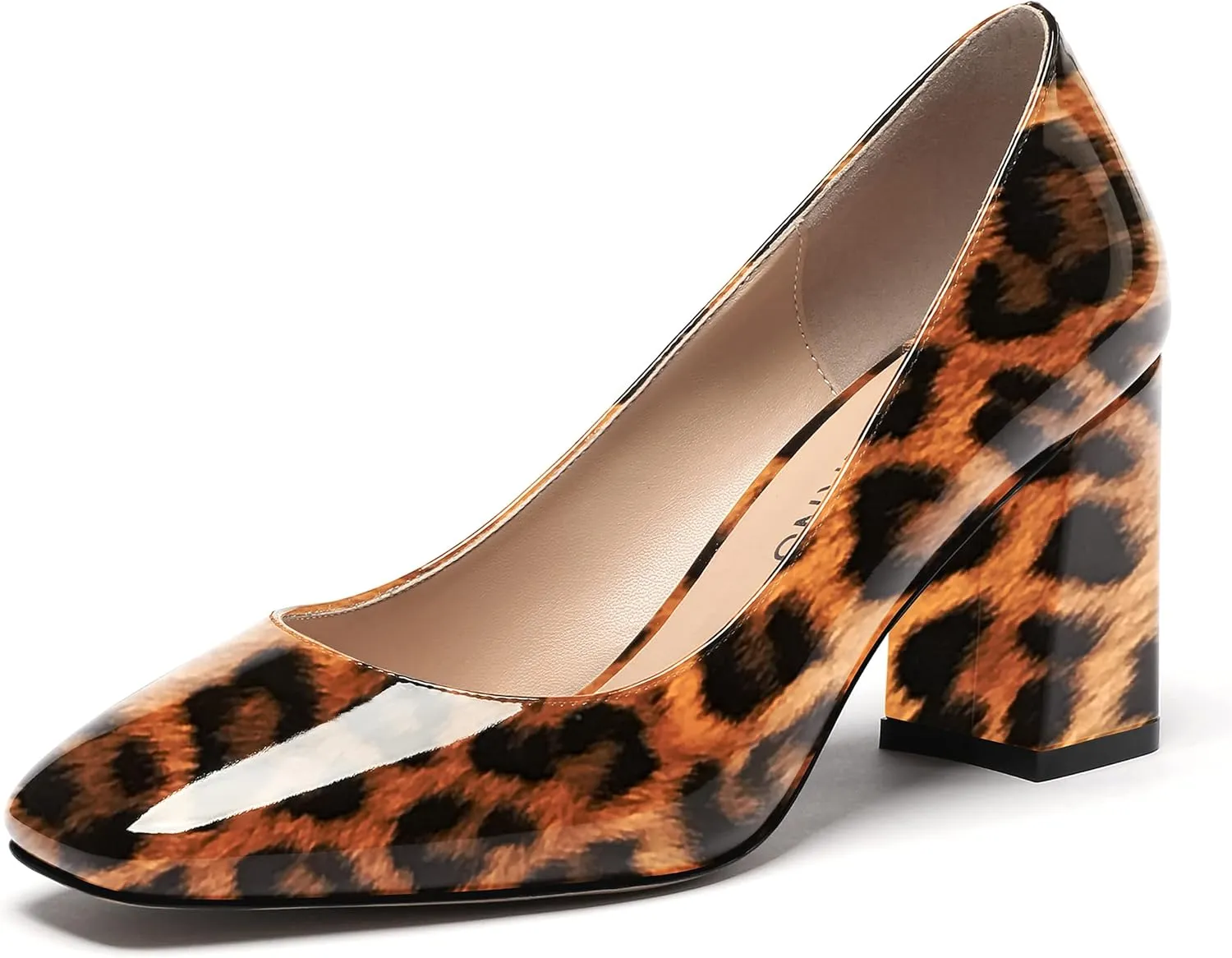 WAYDERNS Women's Slip On Solid Square Toe Patent Block High Heel Pumps Shoes 3 Inch