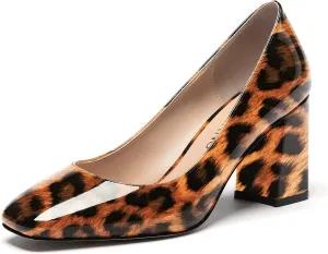WAYDERNS Women's Slip On Solid Square Toe Patent Block High Heel Pumps Shoes 3 Inch