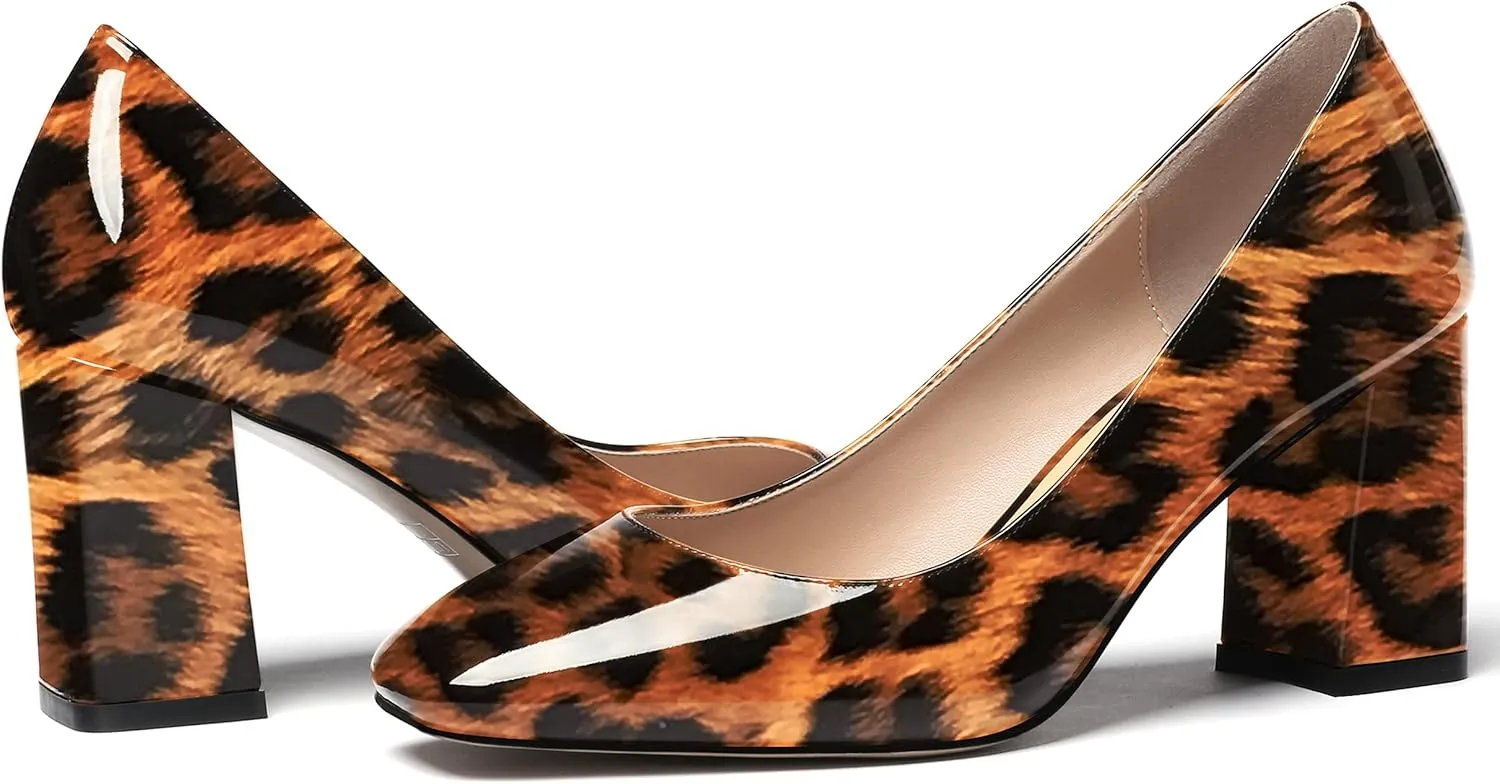 WAYDERNS Women's Slip On Solid Square Toe Patent Block High Heel Pumps Shoes 3 Inch