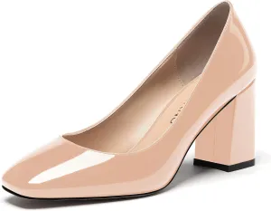 WAYDERNS Women's Slip On Solid Square Toe Patent Block High Heel Pumps Shoes 3 Inch