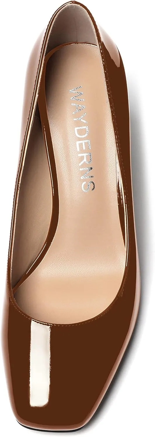 WAYDERNS Women's Slip On Solid Square Toe Patent Block High Heel Pumps Shoes 3 Inch