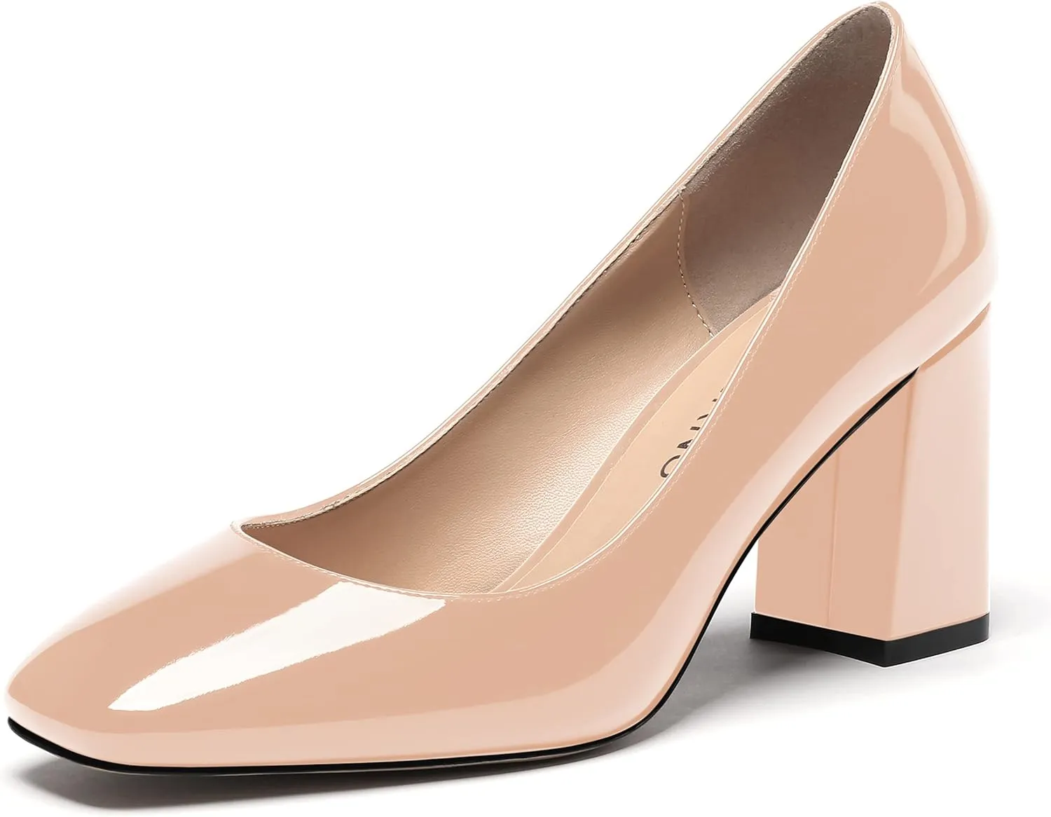 WAYDERNS Women's Slip On Solid Square Toe Patent Block High Heel Pumps Shoes 3 Inch