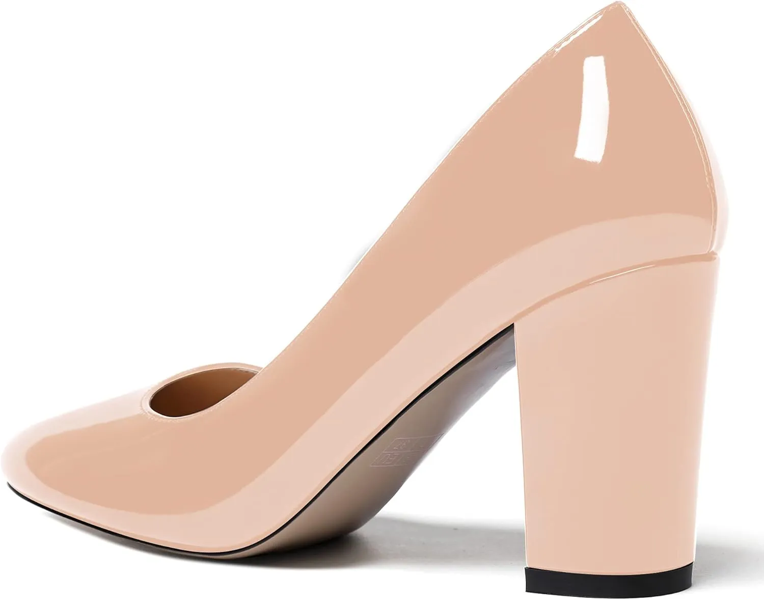 WAYDERNS Women's Slip On Solid Thick Round Toe Patent Block High Heel Pumps Shoes 3 Inch