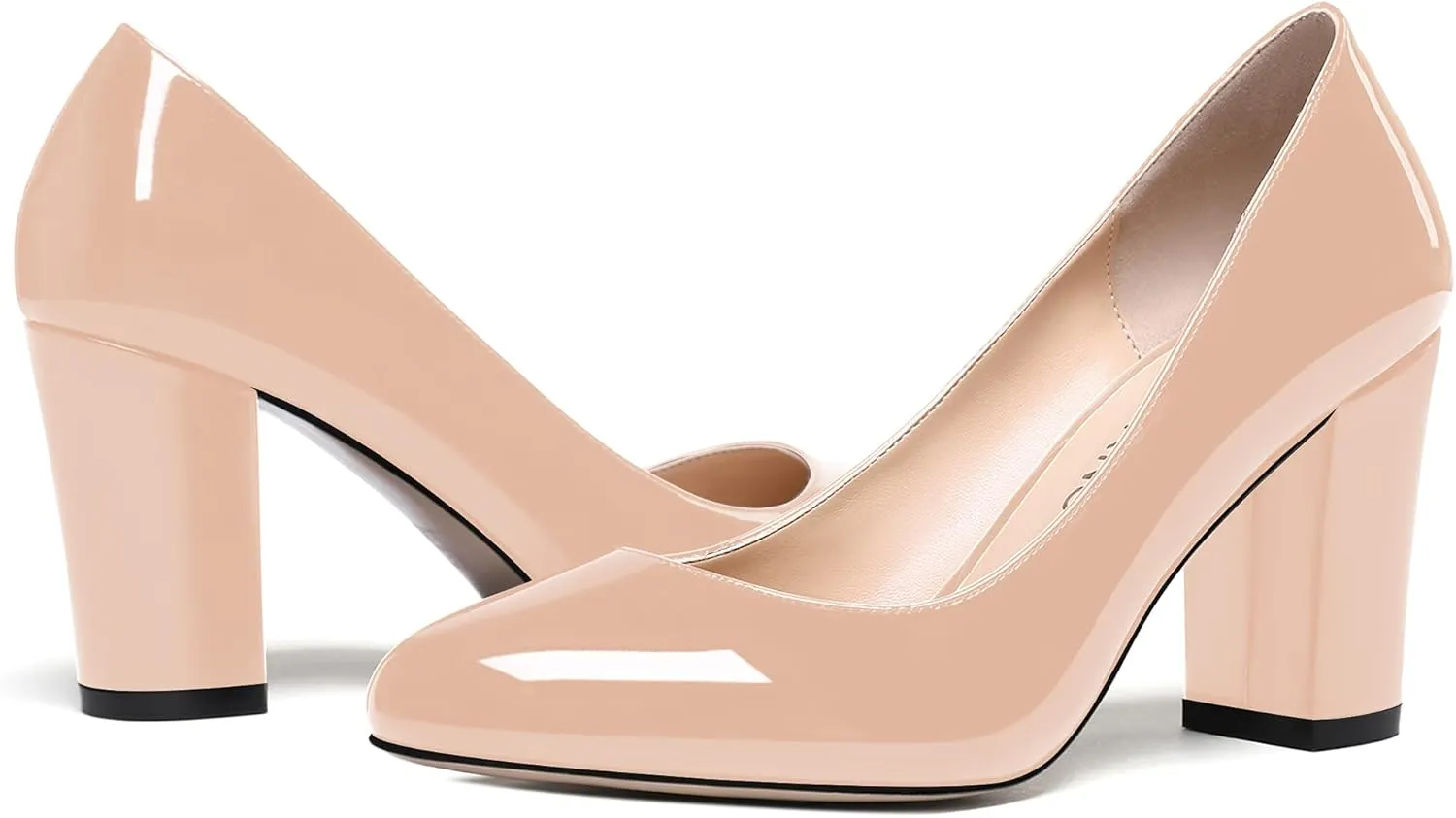 WAYDERNS Women's Slip On Solid Thick Round Toe Patent Block High Heel Pumps Shoes 3 Inch