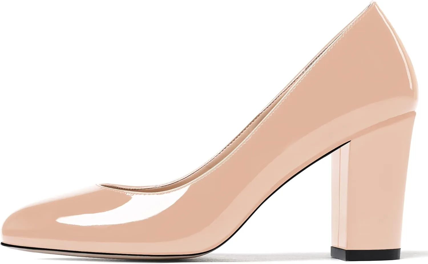 WAYDERNS Women's Slip On Solid Thick Round Toe Patent Block High Heel Pumps Shoes 3 Inch