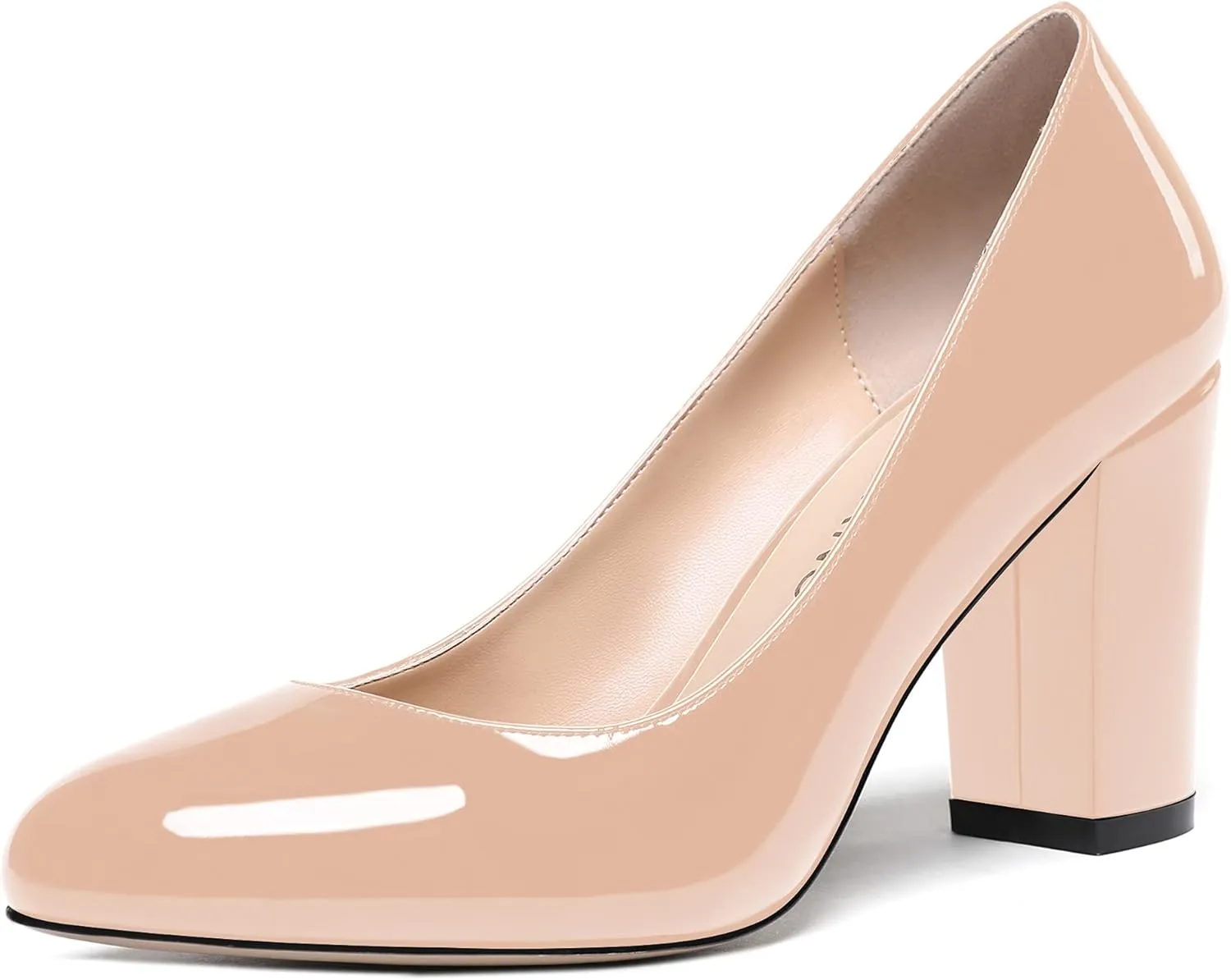 WAYDERNS Women's Slip On Solid Thick Round Toe Patent Block High Heel Pumps Shoes 3 Inch