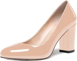 WAYDERNS Women's Slip On Solid Thick Round Toe Patent Block High Heel Pumps Shoes 3 Inch