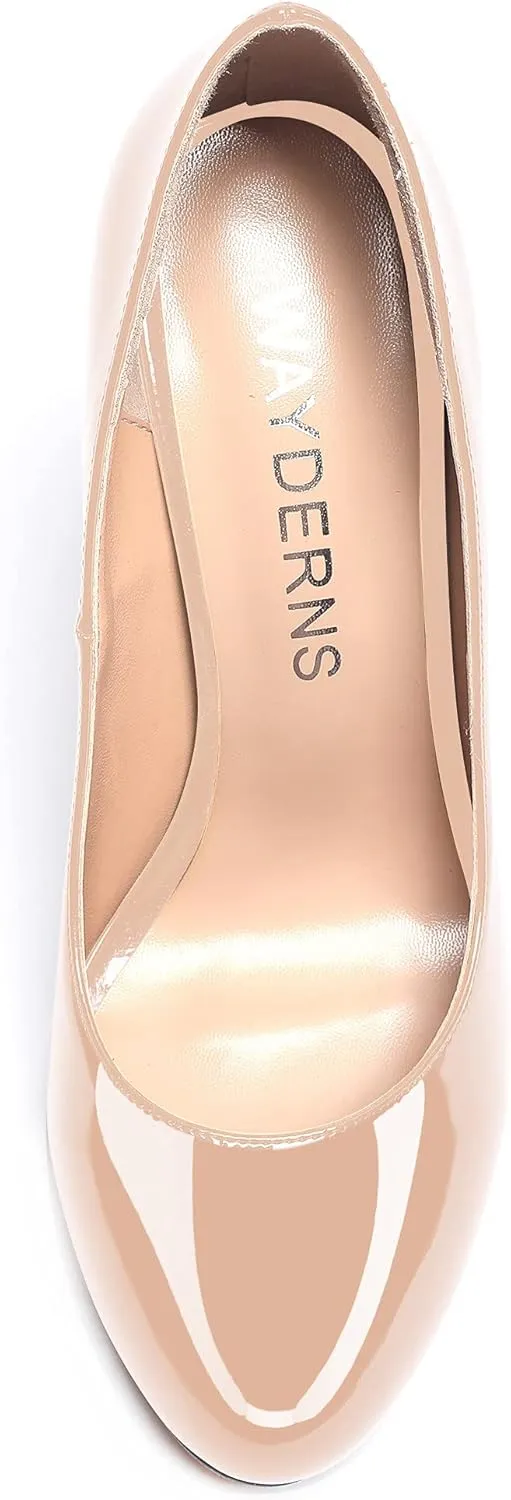 WAYDERNS Women's Slip On Solid Thick Round Toe Patent Block High Heel Pumps Shoes 3 Inch
