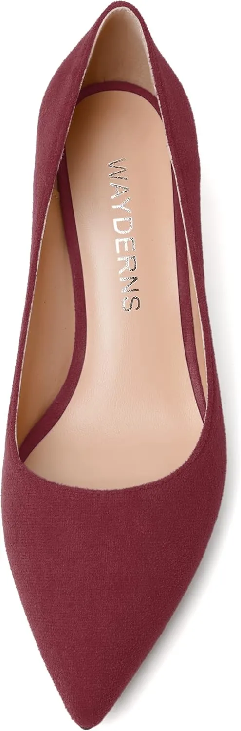 WAYDERNS Womens Solid Pointed Toe Slip On Dress Suede Wedding Chunky Low Heel Pumps Shoes 2 Inch