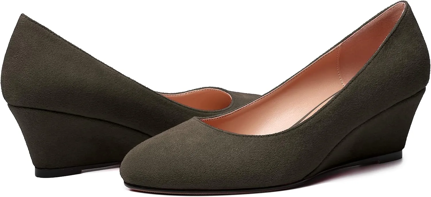 WAYDERNS Womens Solid Round Toe Dating Suede Casual Slip On Wedge Low Heel Pumps Shoes 2 Inch