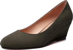 WAYDERNS Womens Solid Round Toe Dating Suede Casual Slip On Wedge Low Heel Pumps Shoes 2 Inch