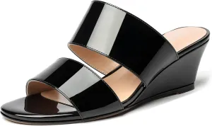 WAYDERNS Women's Two Piece Patent Open Toe Slip On Wedge Low Heel Wedges Sandals 2 Inch