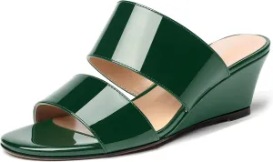 WAYDERNS Women's Two Piece Patent Open Toe Slip On Wedge Low Heel Wedges Sandals 2 Inch