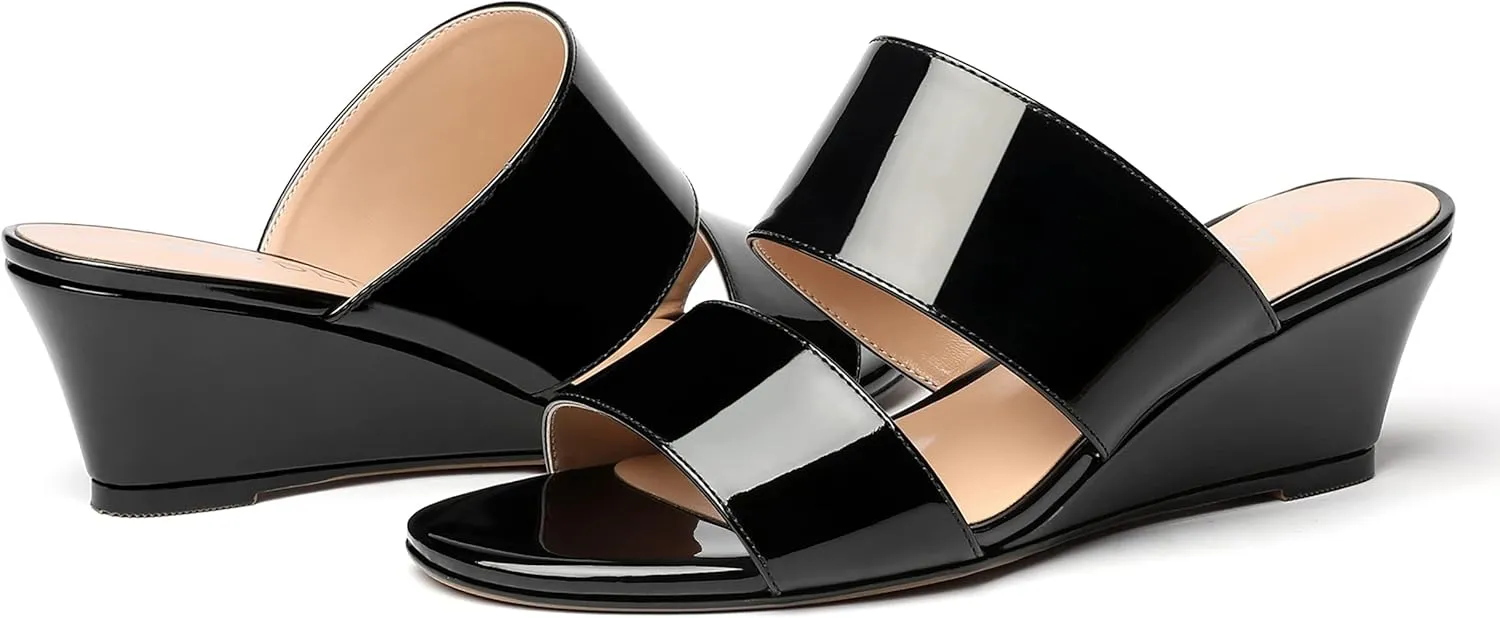 WAYDERNS Women's Two Piece Patent Open Toe Slip On Wedge Low Heel Wedges Sandals 2 Inch