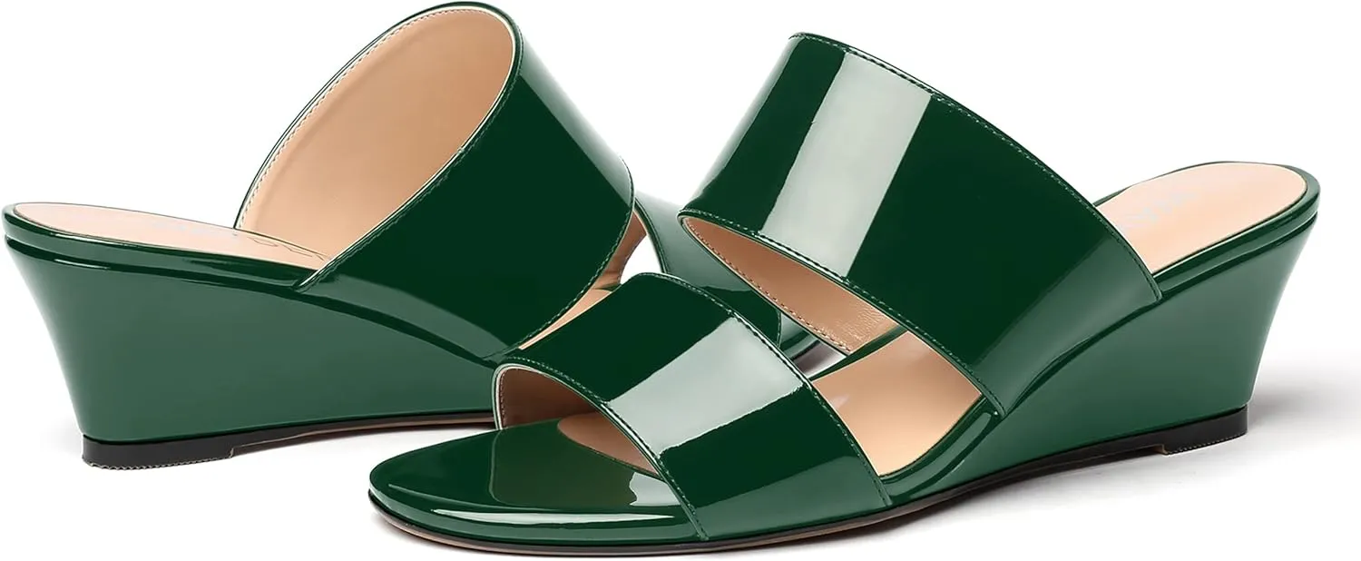 WAYDERNS Women's Two Piece Patent Open Toe Slip On Wedge Low Heel Wedges Sandals 2 Inch