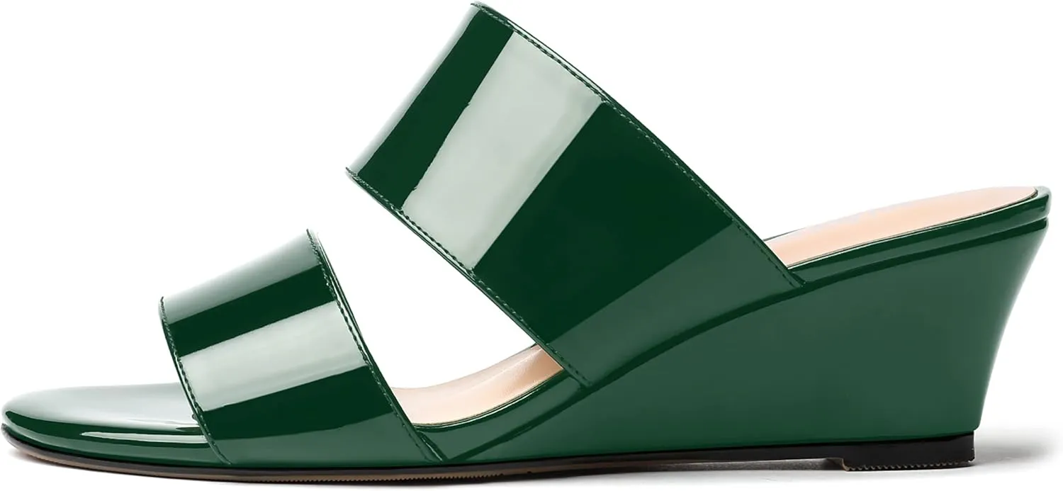 WAYDERNS Women's Two Piece Patent Open Toe Slip On Wedge Low Heel Wedges Sandals 2 Inch