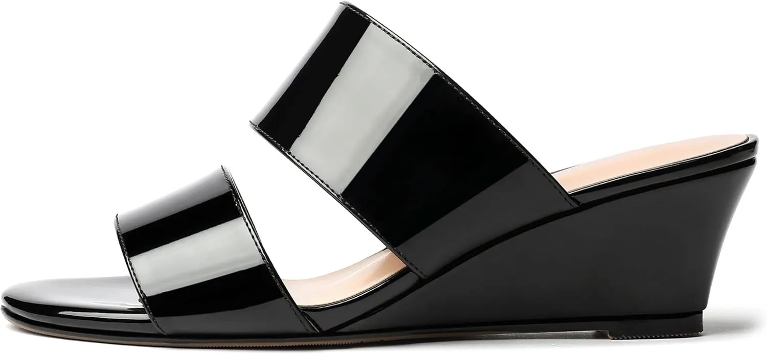 WAYDERNS Women's Two Piece Patent Open Toe Slip On Wedge Low Heel Wedges Sandals 2 Inch