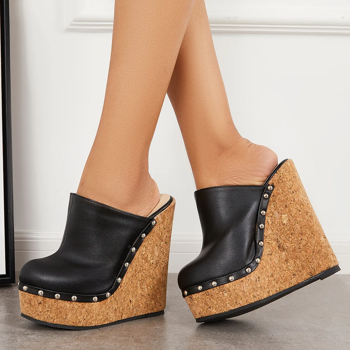 Wedge Cork Platform Connected Heel Closed Mules Black Slide Toe Discounted delivery Sandals