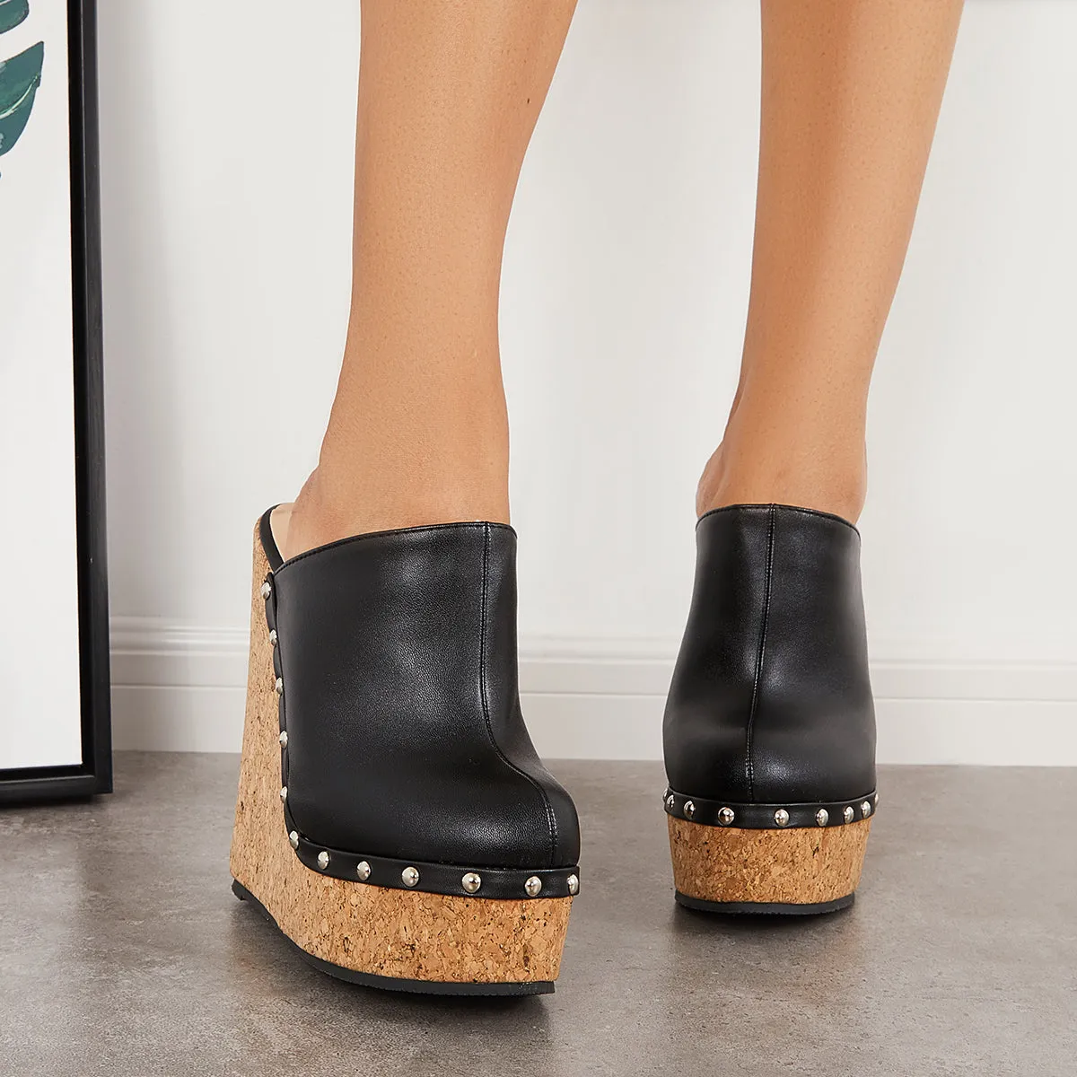 Wedge Cork Platform Connected Heel Closed Mules Black Slide Toe Discounted delivery Sandals