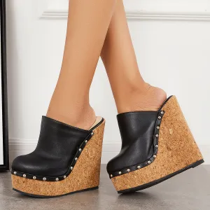 Wedge Cork Platform Connected Heel Closed Mules Black Slide Toe Discounted delivery Sandals