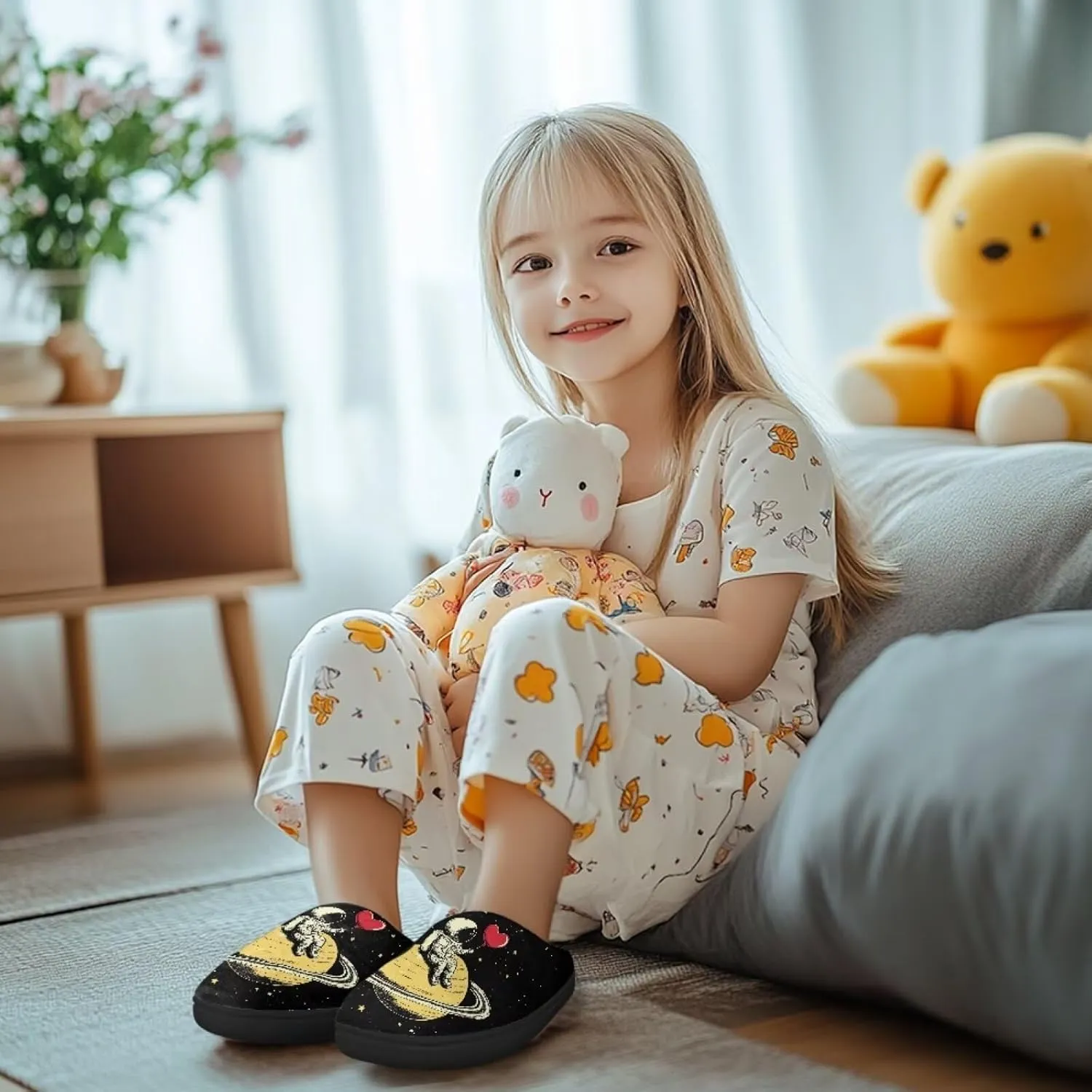 Winter Fluffy Slippers for Girls and Boys, Comfy Warm Scuff Slippers for Walking, Slip On Closed Toe Shoes for Home