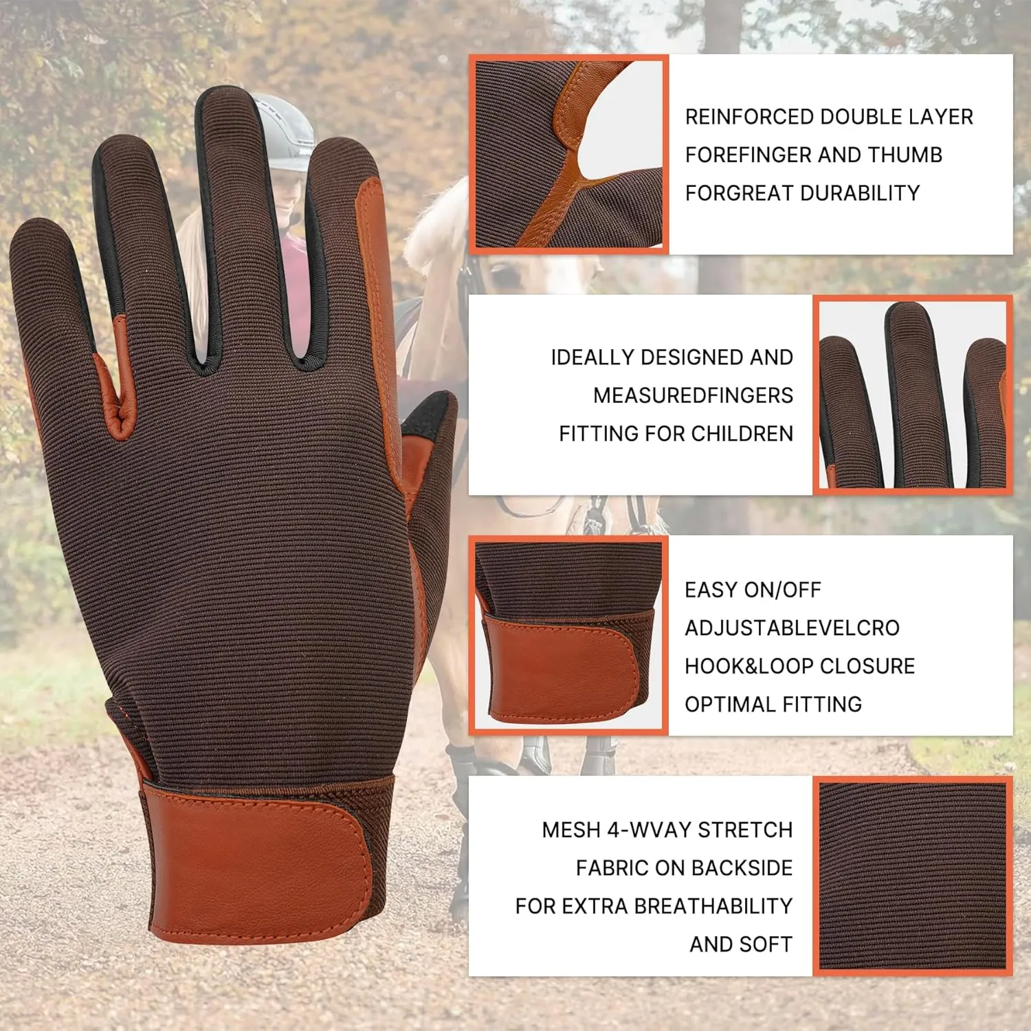 Women 100% Leather Horse Riding Gloves, Windproof & Breathable，Equestrian Horseback Riding Gloves