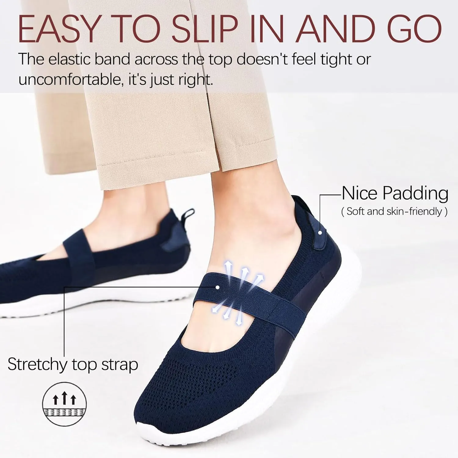 Women Mary Jane Shoes Slip On Walking Flats Comfortable Dressy Knit Washable Casual Nurse Shoe with Arch Support
