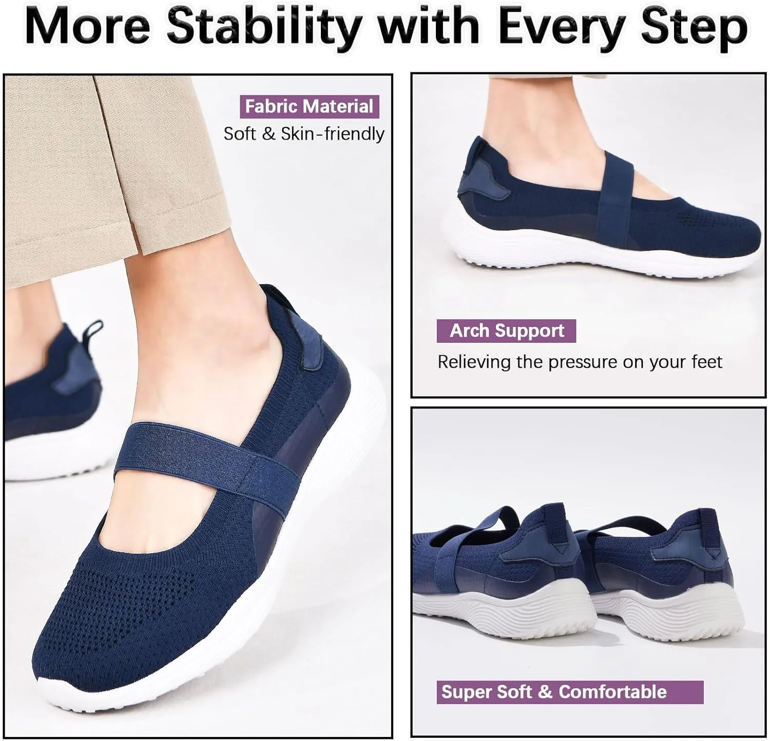 Women Mary Jane Shoes Slip On Walking Flats Comfortable Dressy Knit Washable Casual Nurse Shoe with Arch Support