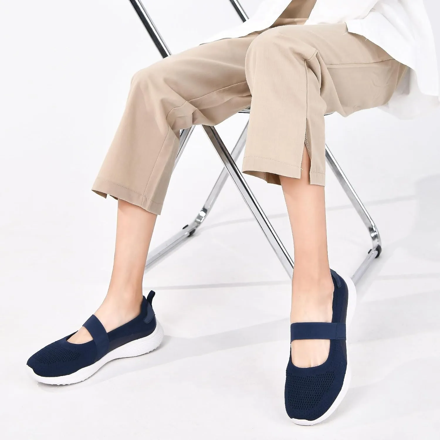 Women Mary Jane Shoes Slip On Walking Flats Comfortable Dressy Knit Washable Casual Nurse Shoe with Arch Support