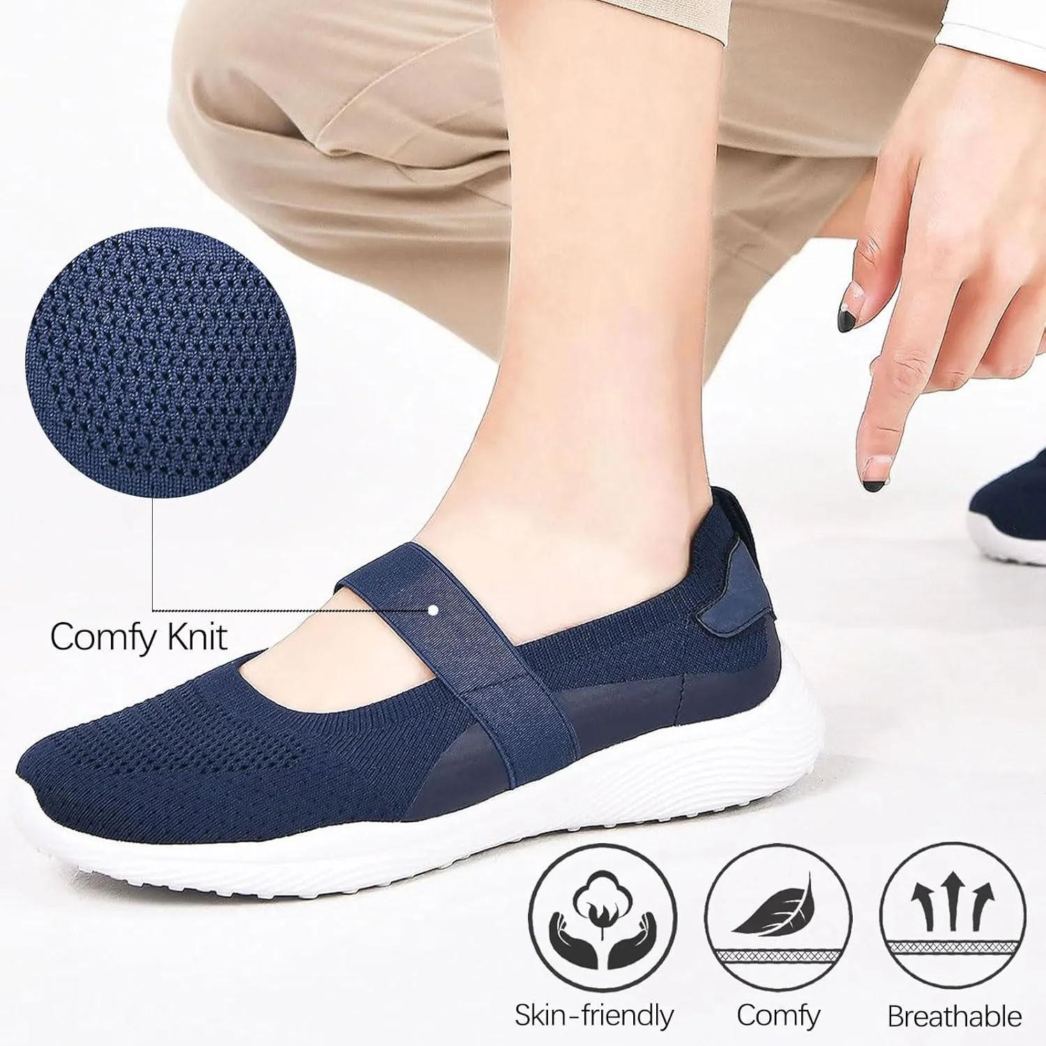 Women Mary Jane Shoes Slip On Walking Flats Comfortable Dressy Knit Washable Casual Nurse Shoe with Arch Support