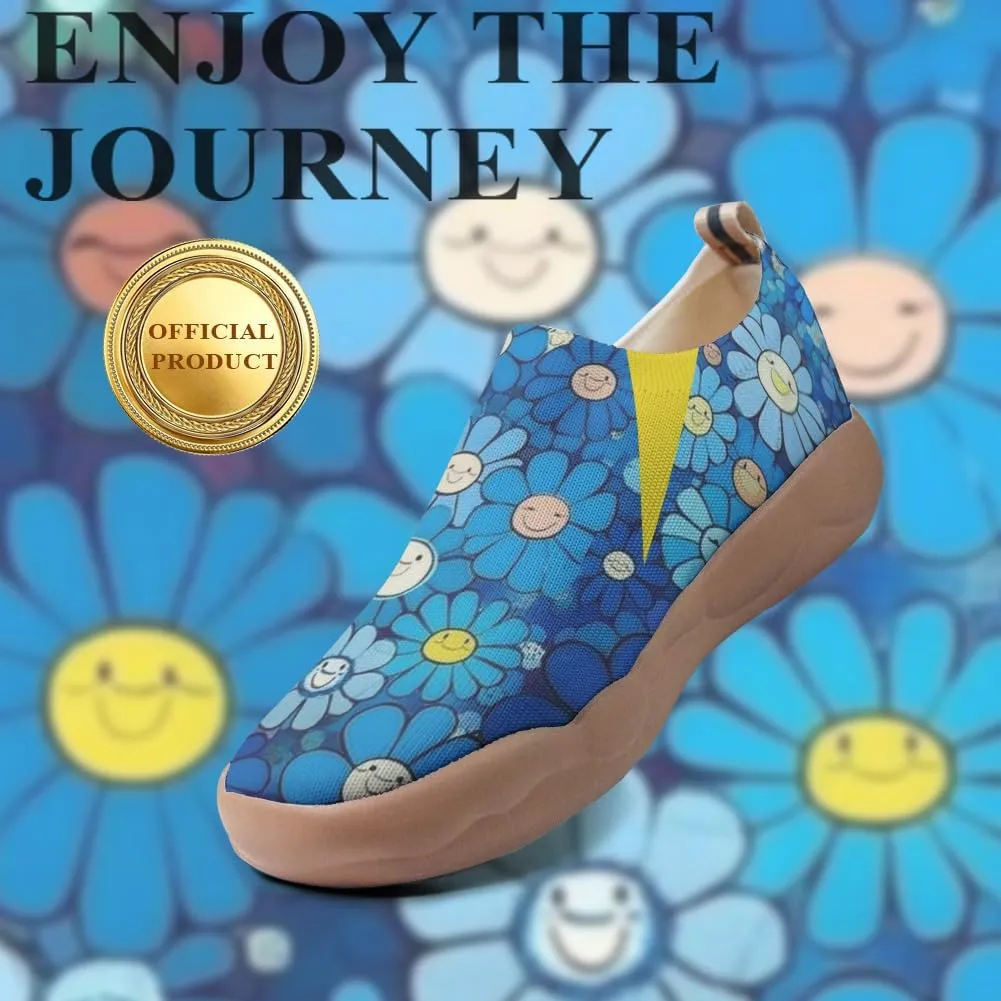 Women's Casual Loafers Slip On Ladies Flower Painted Walking Comfortable Lightweight Travel Shoes Knitted Mesh