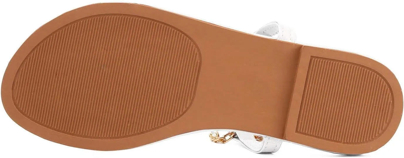 Women's Clear Strap Flat Sandals Gold Chain Ankle Strap Flip Flops Wide Open Toe Studded Summer Causal Sandals for Women Indoor Outdoor