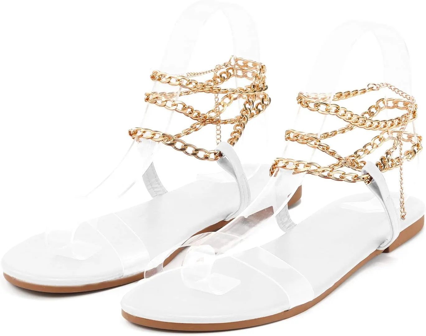 Women's Clear Strap Flat Sandals Gold Chain Ankle Strap Flip Flops Wide Open Toe Studded Summer Causal Sandals for Women Indoor Outdoor