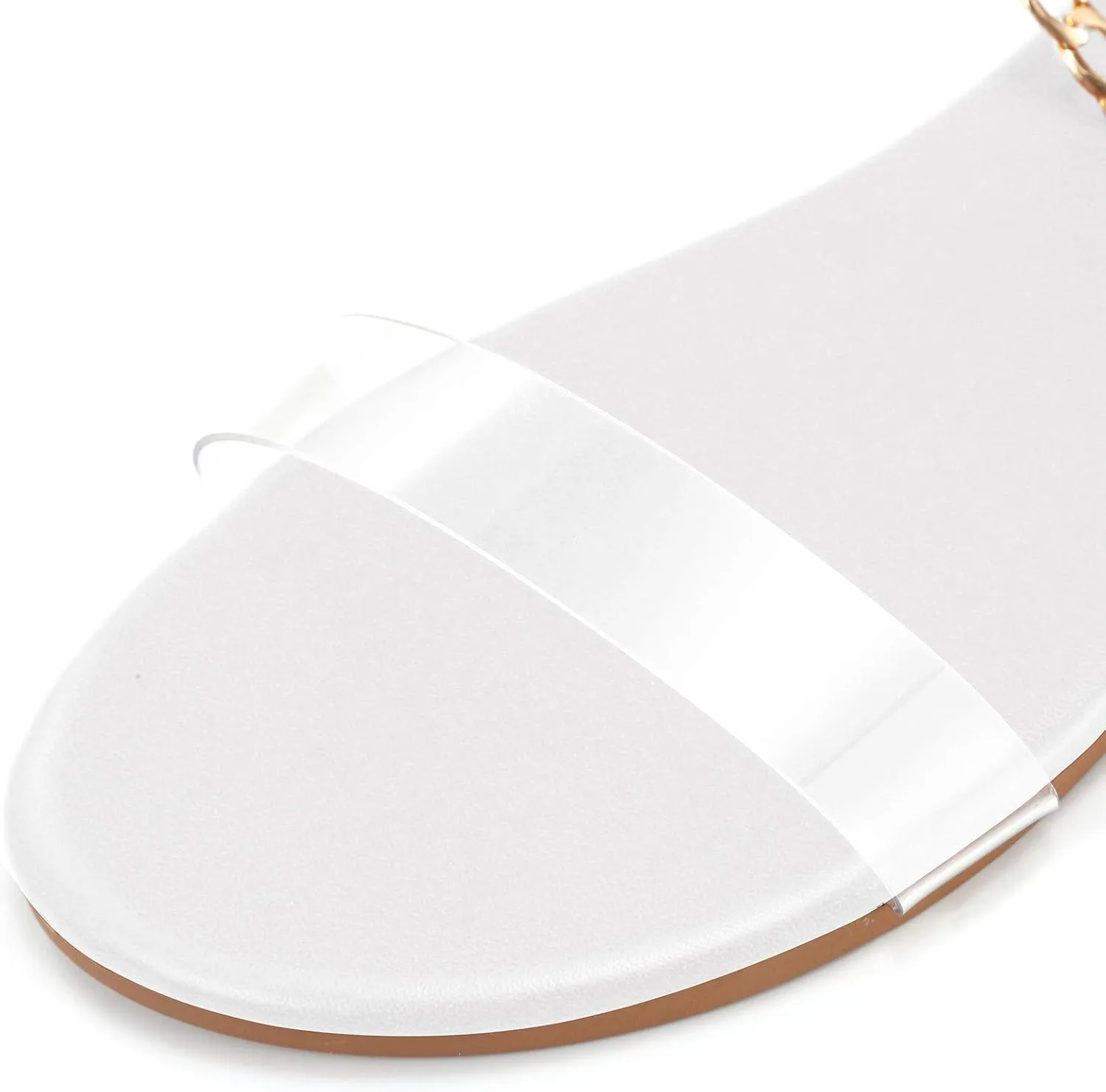 Women's Clear Strap Flat Sandals Gold Chain Ankle Strap Flip Flops Wide Open Toe Studded Summer Causal Sandals for Women Indoor Outdoor