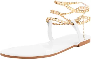 Women's Clear Strap Flat Sandals Gold Chain Ankle Strap Flip Flops Wide Open Toe Studded Summer Causal Sandals for Women Indoor Outdoor