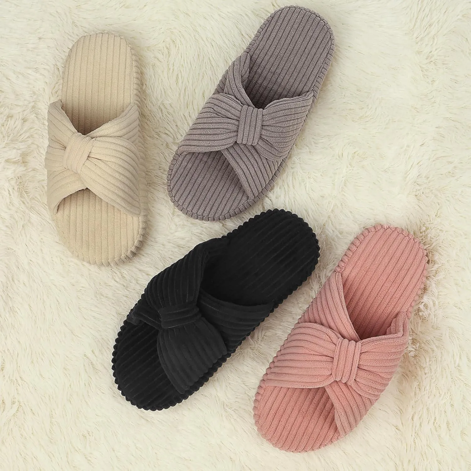 Women's Comfy Memory Foam Corduroy Bow Slip-On Open Toe Bedroom Slides Home Slippers Indoor/Outdoor