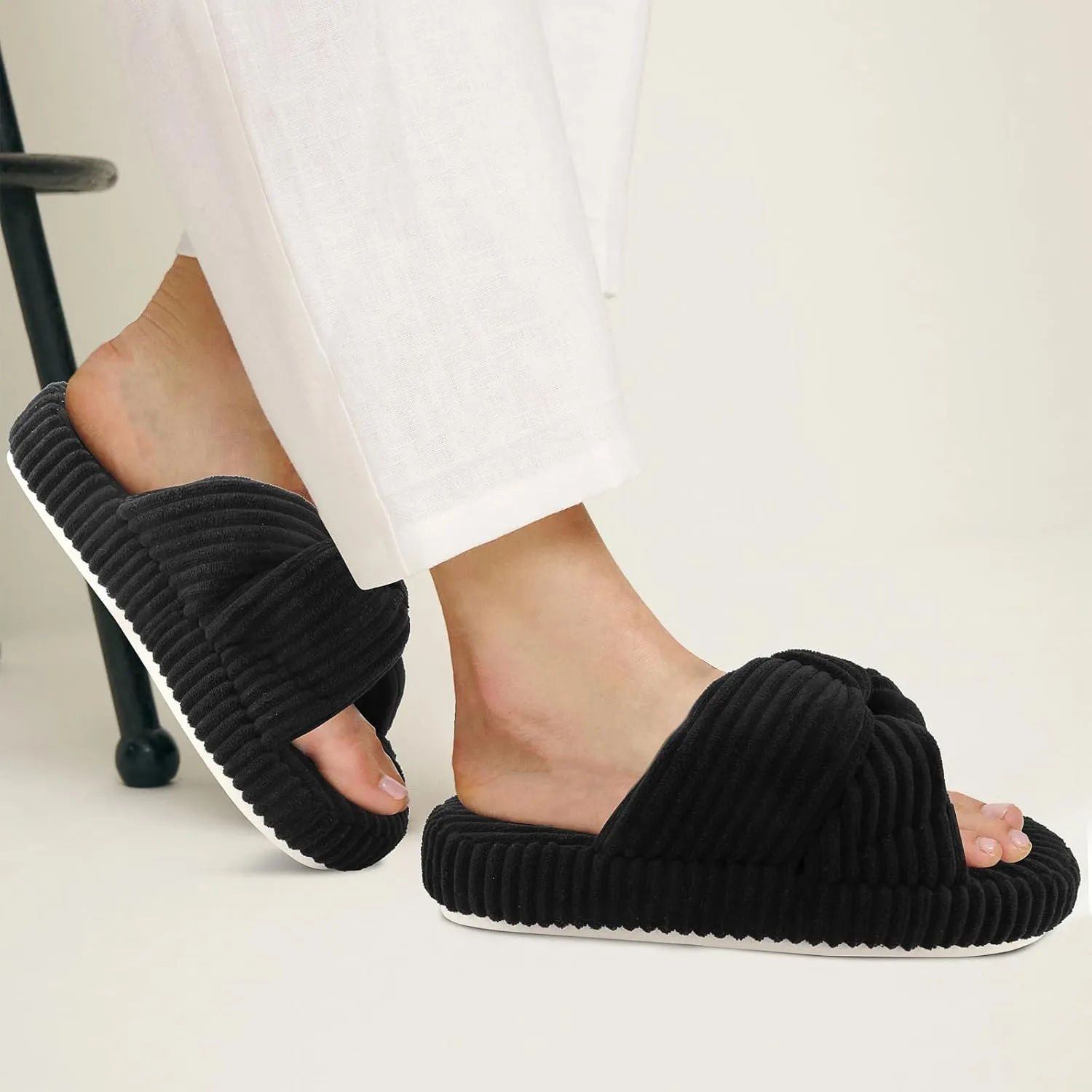 Women's Comfy Memory Foam Corduroy Bow Slip-On Open Toe Bedroom Slides Home Slippers Indoor/Outdoor